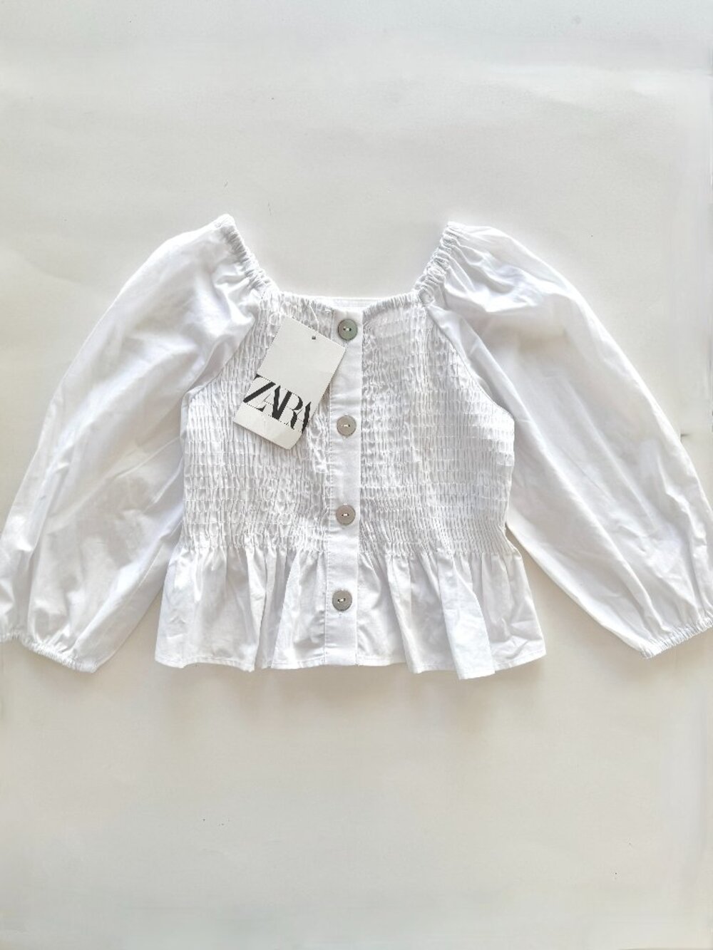 Zara Girls Top 3-4Y NWT White Smocked Peplum Puff Sleeve Cotton